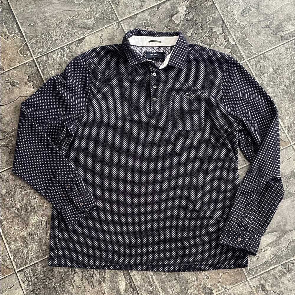 TED BAKER Navy Geometric Mens Long-Sleeve Preppy Business Casual Polo Sweater